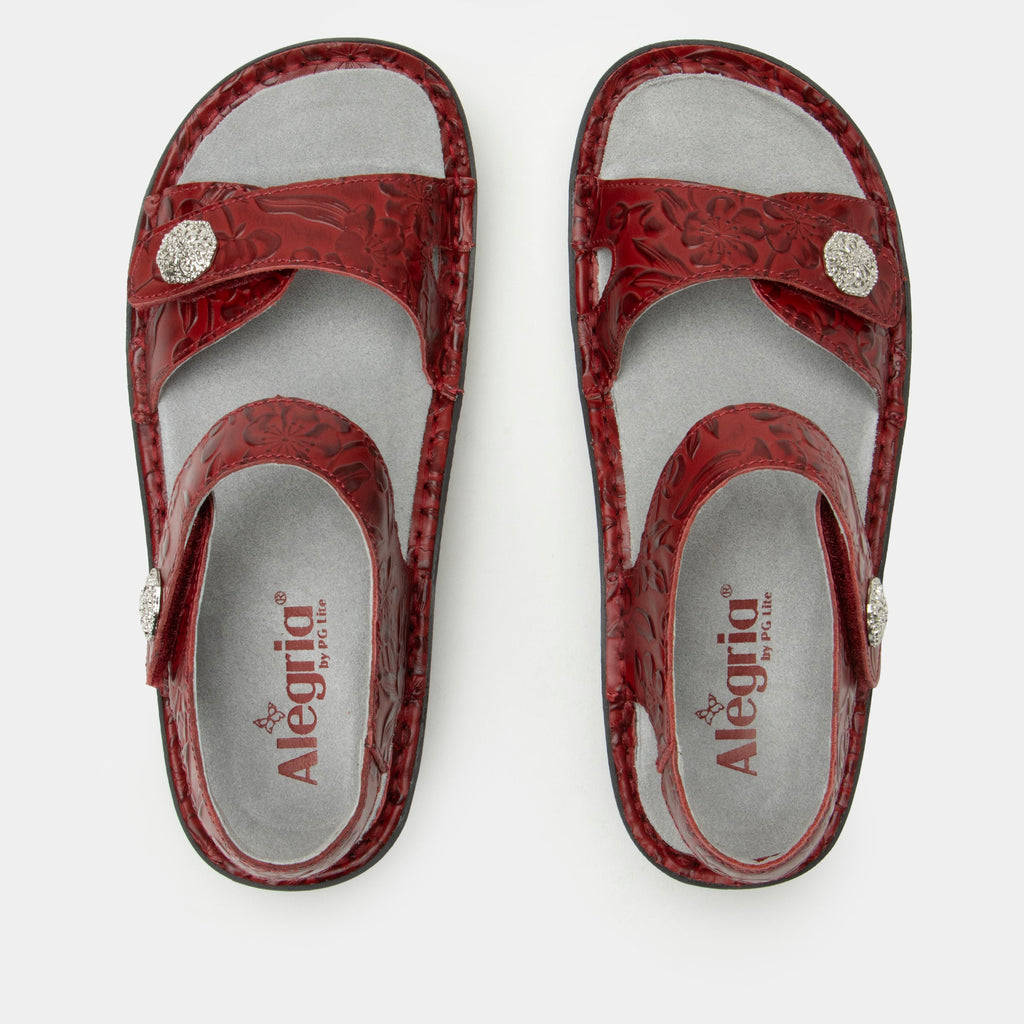 Vienna Loretta Roja Sandal with two adjustable hook and loop closures | Red floral embossed sandal on leather upper.