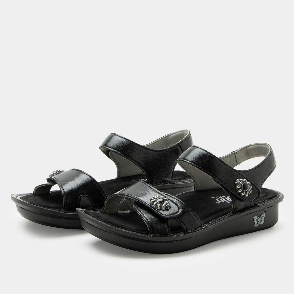 Vienna Black Sapphire Sandal with two adjustable hook and loop closures | Black sandal on leather upper.