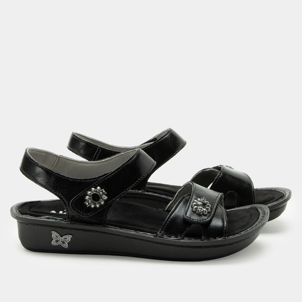 Vienna Black Sapphire Sandal with two adjustable hook and loop closures | Black sandal on leather upper.