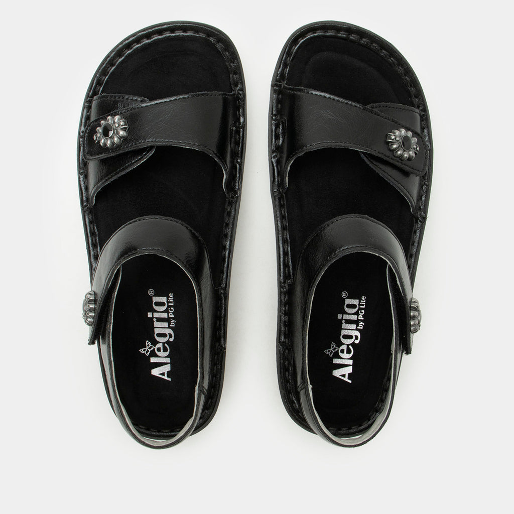 Vienna Black Sapphire Sandal with two adjustable hook and loop closures | Black sandal on leather upper.