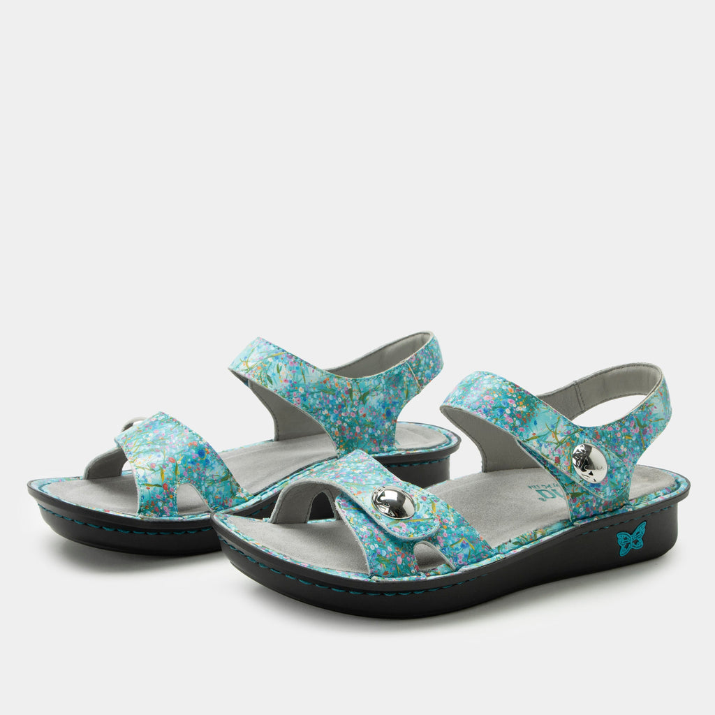 Vienna Aqua Flora Sandal with two adjustable hook and loop closures | Blue sandal with a printed leather upper.