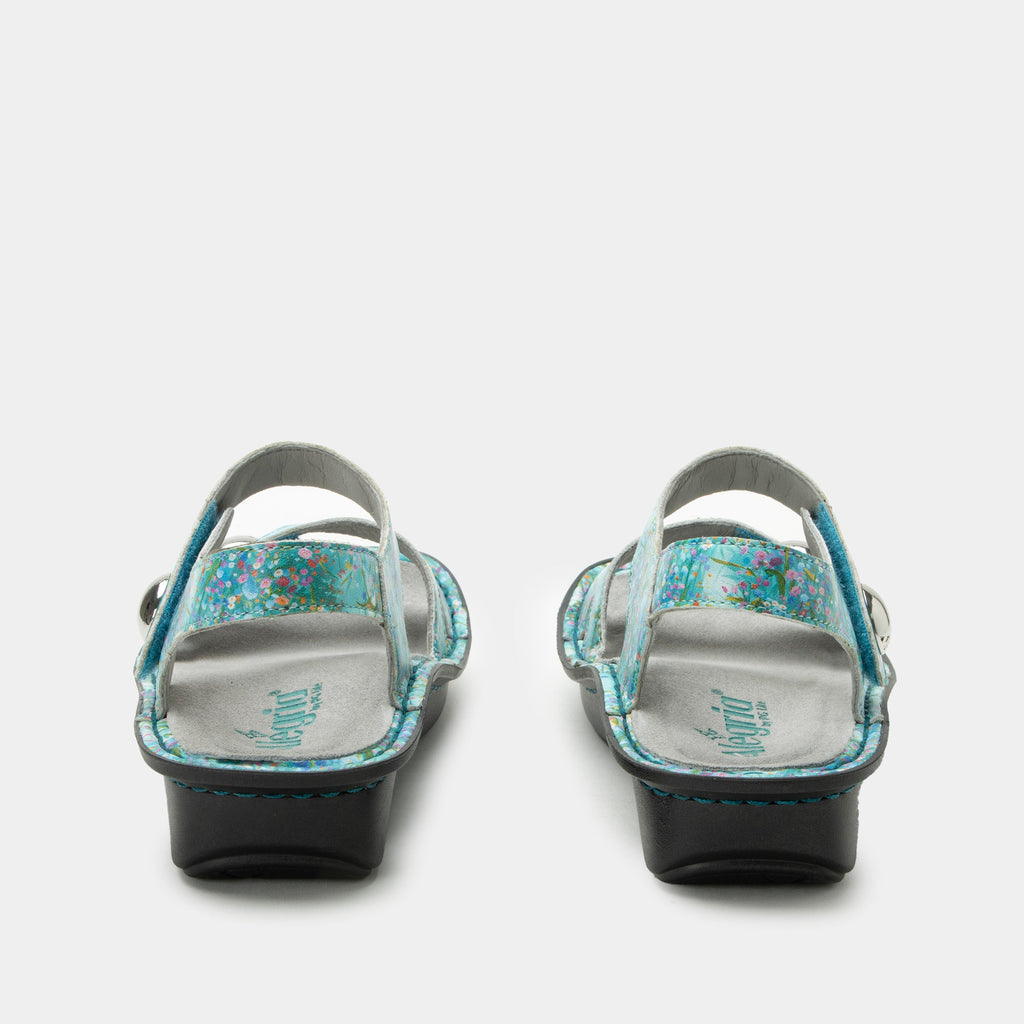 Vienna Aqua Flora Sandal with two adjustable hook and loop closures | Blue sandal with a printed leather upper.