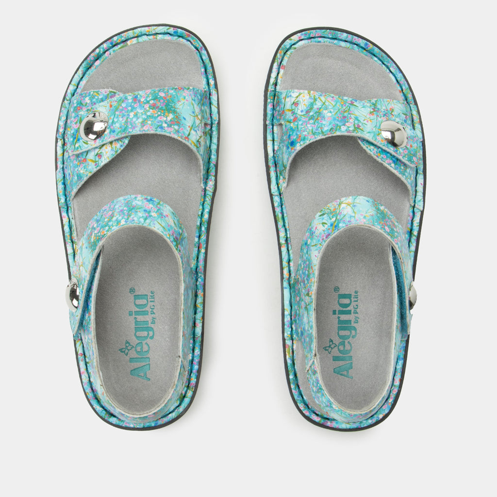 Vienna Aqua Flora Sandal with two adjustable hook and loop closures | Blue sandal with a printed leather upper.