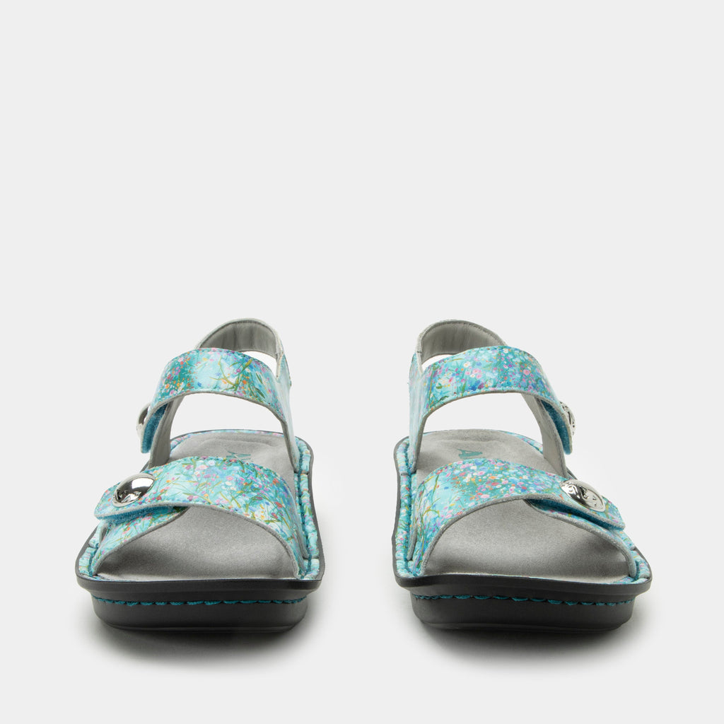 Vienna Aqua Flora Sandal with two adjustable hook and loop closures | Blue sandal with a printed leather upper.