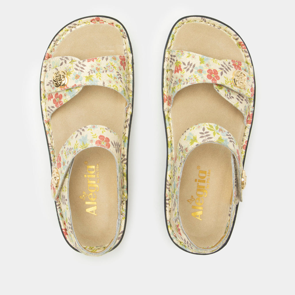 Vienna Good As Gold Sandal with two adjustable hook and loop closures | Gold sandal with a printed leather upper.