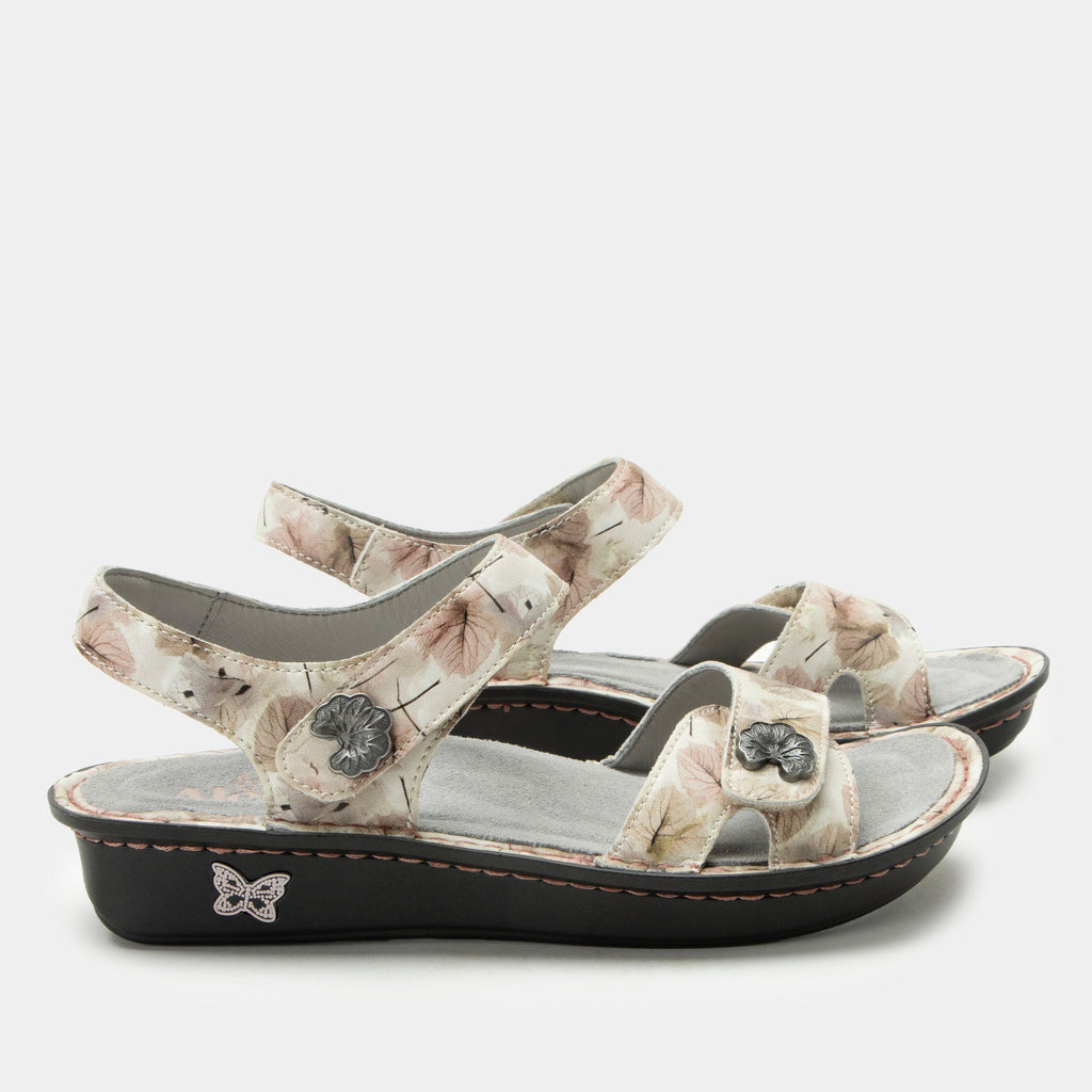 Vienna Soft As I Leaf You Sandal with two adjustable hook and loop closures | White sandal with a printed leather upper.