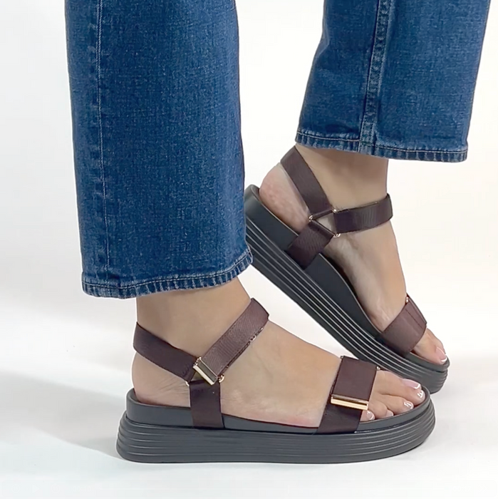 Allyson Chocolate sandal on an Elevated sport outsole | Brown strappy sandal.