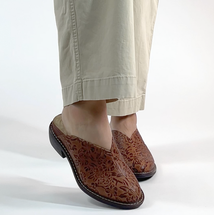 Michy Loretta Shoe on a Trimform heel outsole| Floral embossed brown leather slip on shoe.