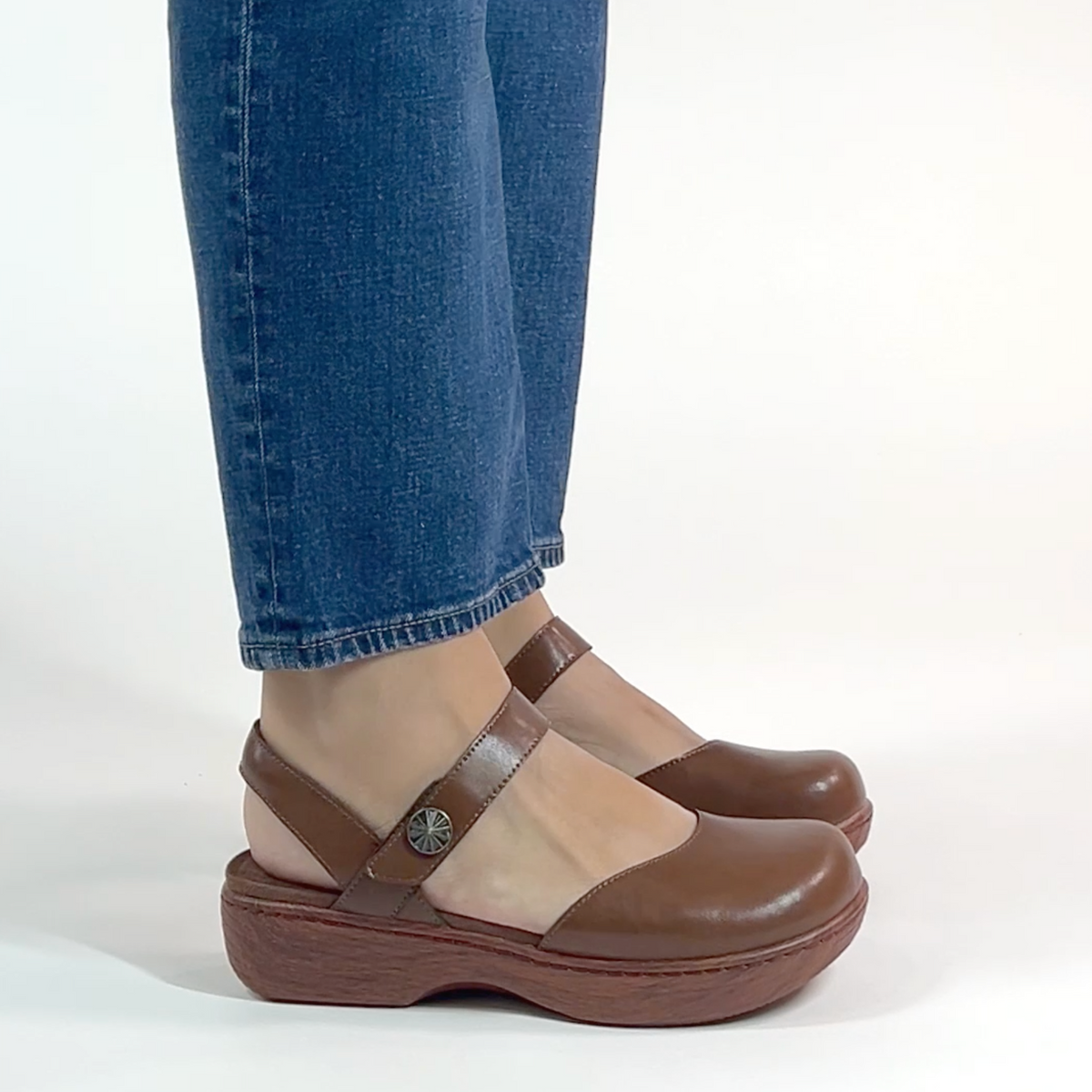 Opal Walnut shoe on a Wood look rocker outsole | Mary jane style with a Brown leather upper.