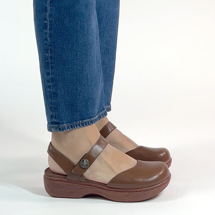 Opal Walnut shoe on a Wood look rocker outsole | Mary jane style with a Brown leather upper.