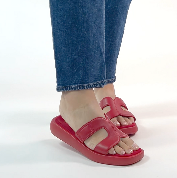 Portia Ruby sandal| Red leather slide on sandal on a lightweight outsole.