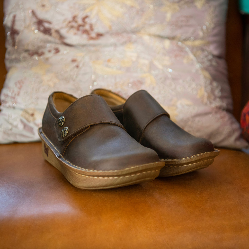 Deliah Oiled Brown shoe with adjustable hook and loop strap on Classic Rocker outsole- DEL-7714_S1X