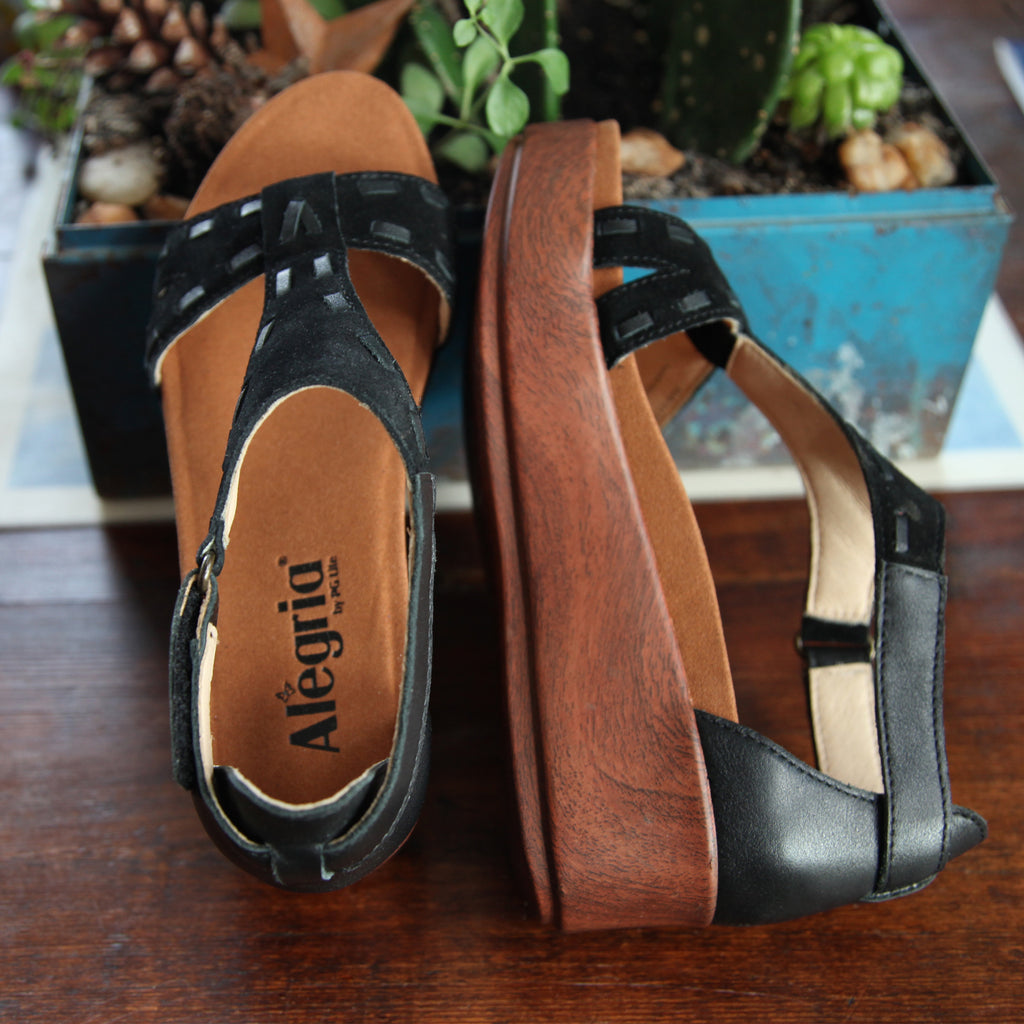 Tova Black comfort flatform wedge t-strap sandal, with exposed microsuede footbed - TOV-601_S1X