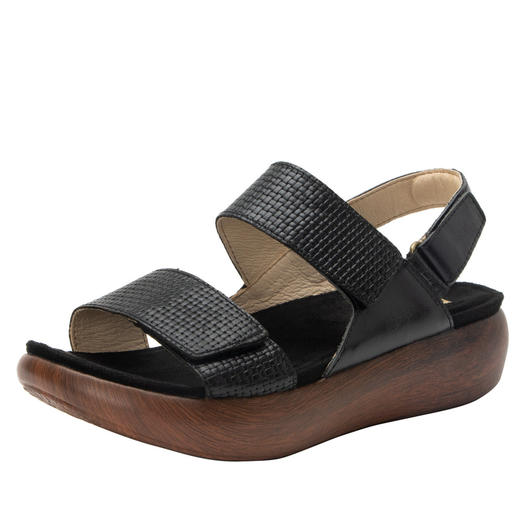 Bailee Woven Noir ankle strap adjustable sandal with non-flexing sleek rocker bottom with built in arch support  - BAI-7462_S1