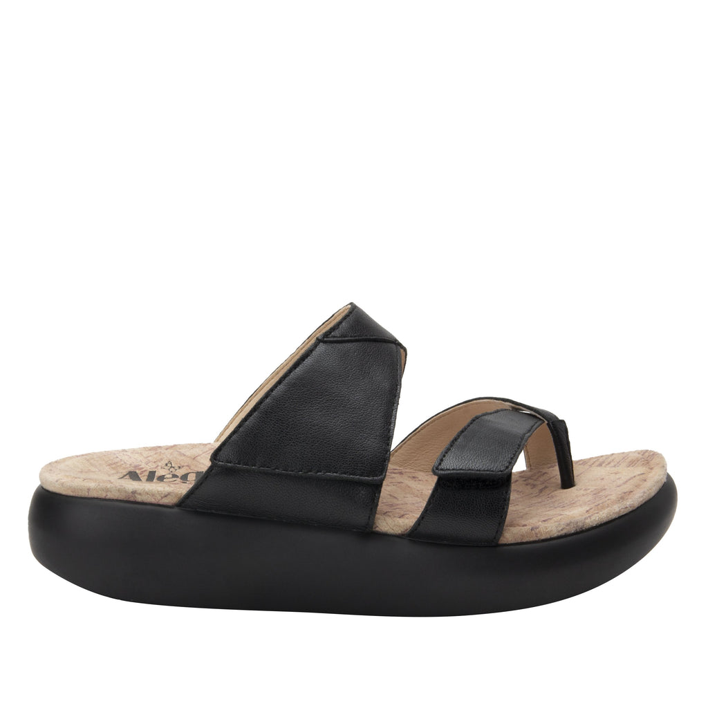 Beatrix Black slip on two strap sandal with flip-flop prong toe post and non-flexing sleek rocker bottom with built in arch support  - BEA-601_S3