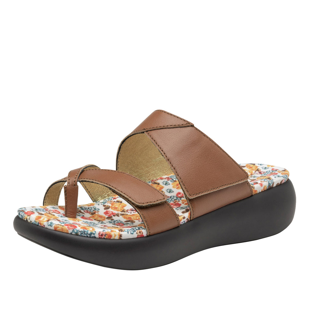 Beatrix Cognac slip on two strap sandal with flip-flop prong toe post and non-flexing sleek rocker bottom with built in arch support  - BEA-647_S1