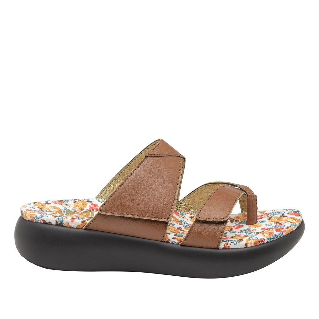 Beatrix Cognac slip on two strap sandal with flip-flop prong toe post and non-flexing sleek rocker bottom with built in arch support  - BEA-647_S3