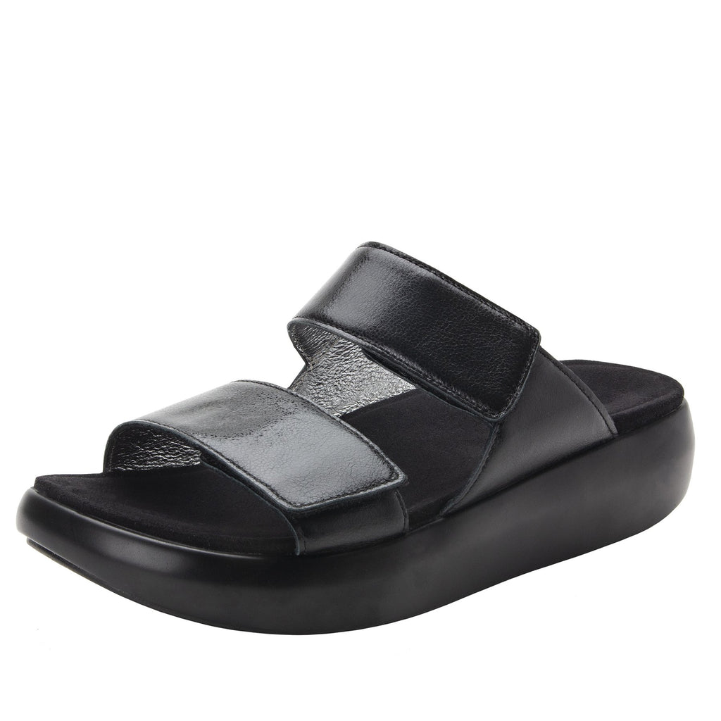 Bryce Black slip on two strap sandal with non-flexing sleek rocker bottom with built in arch support  - BRY-601_S1