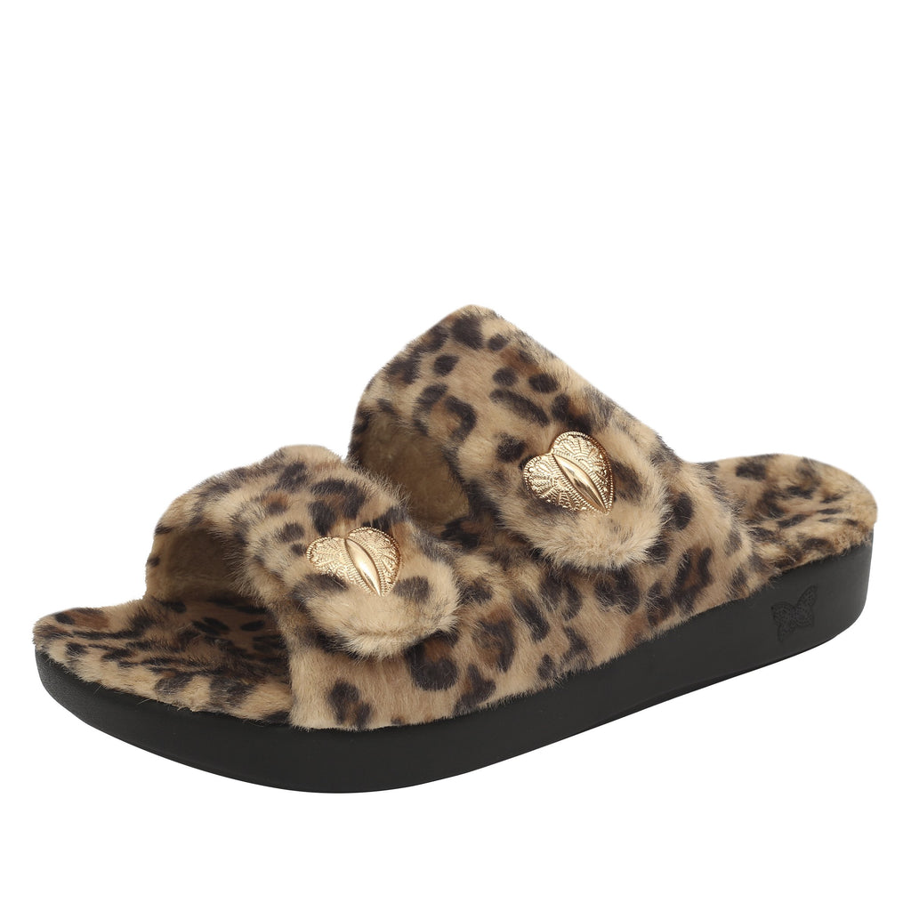 Chillery Leopard slipper sandal with adjustable hook-and-loop straps made in warm sherpa with cozy comfort outsole  - CHI-402_S1