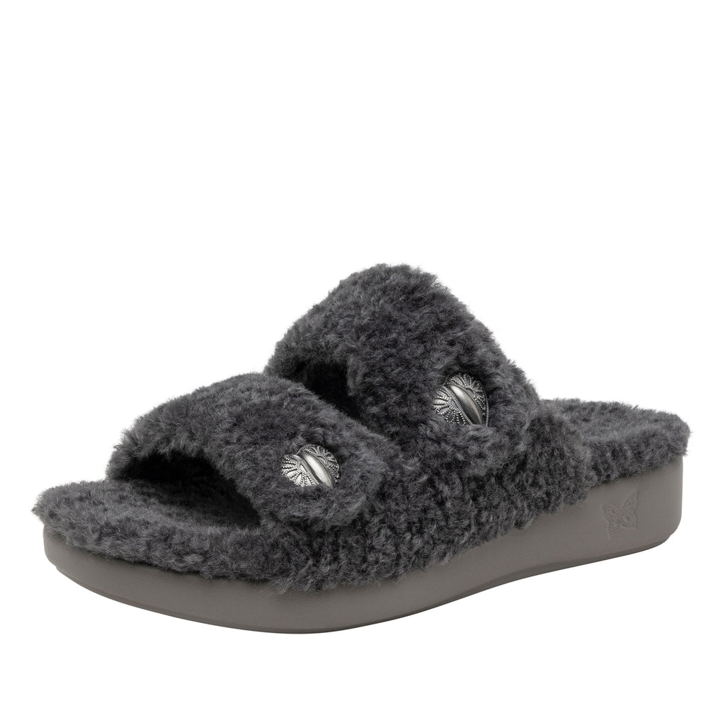 Chillery Graphite slipper sandal with adjustable hook-and-loop straps made in warm sherpa with cozy comfort outsole  - CHI-7561_S1