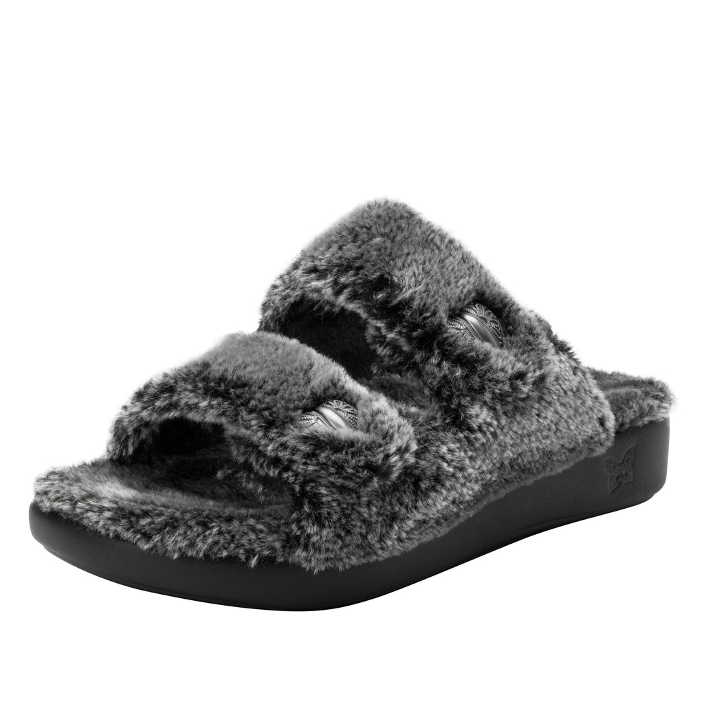 Chillery Pewter slipper sandal with adjustable hook-and-loop straps made in warm sherpa with cozy comfort outsole  - CHI-7628_S1