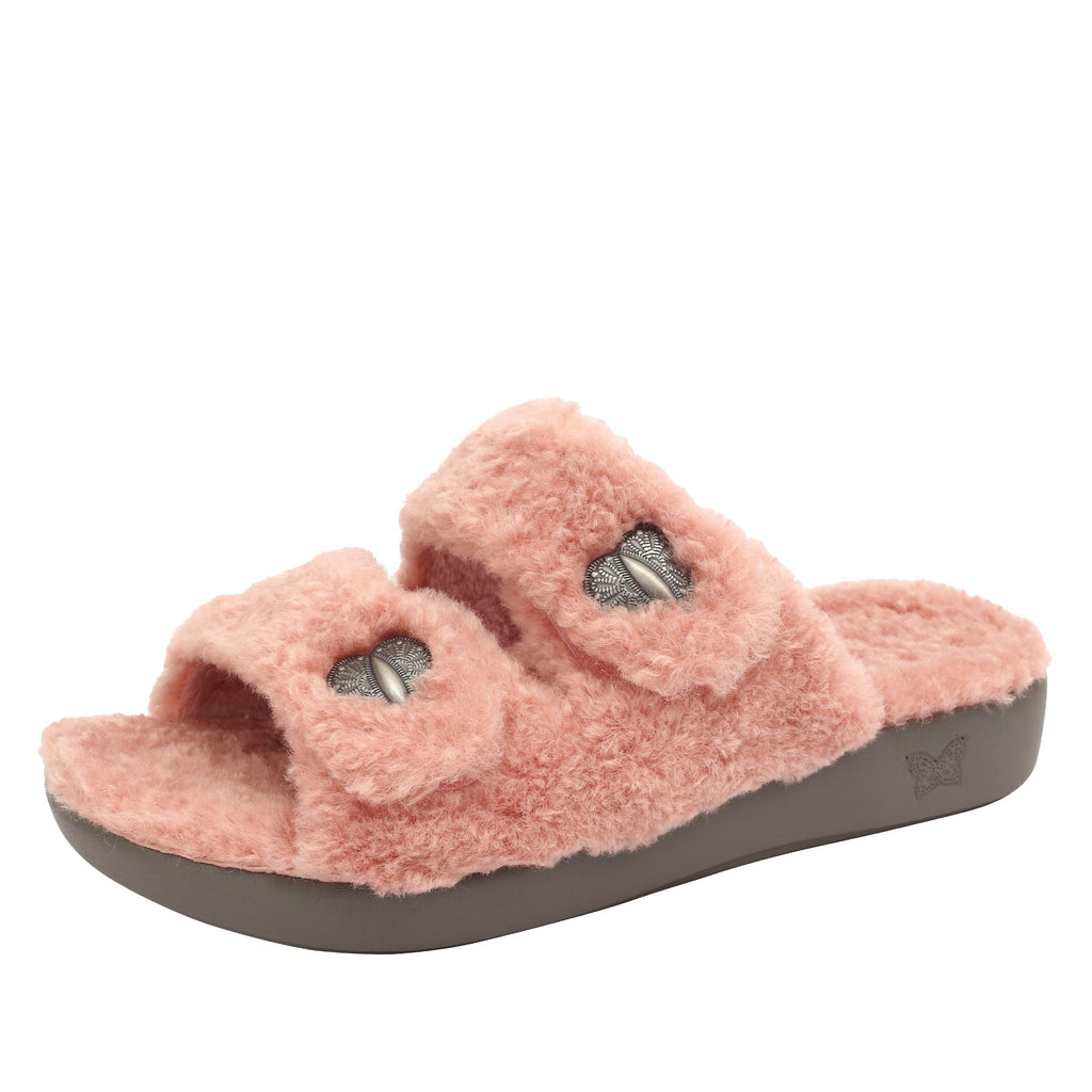 Chillery Rose Quartz slipper sandal with adjustable hook-and-loop straps made in warm sherpa with cozy comfort outsole  - CHI-7650_S1
