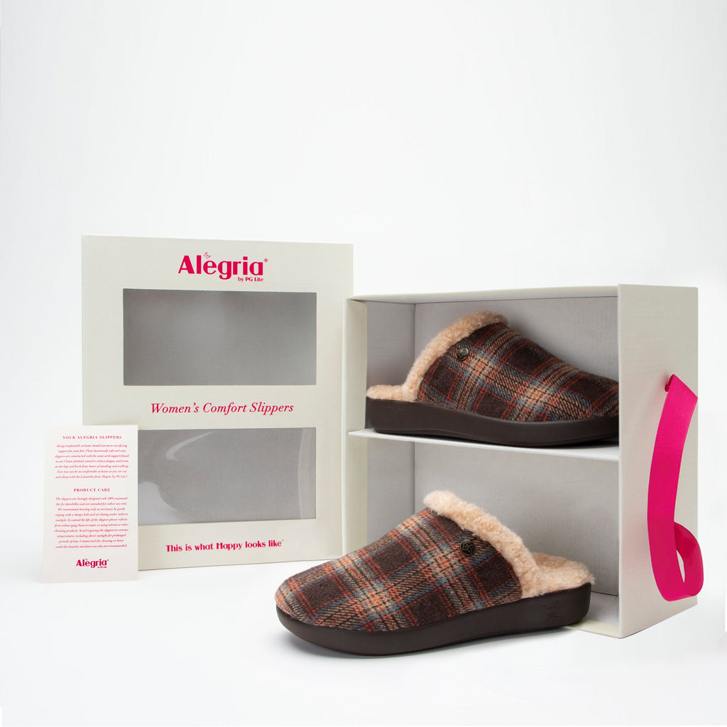Comfee Plaidly Brown backless slipper lined with warm sherpa with cozy comfort outsole  - COM-7656_S8