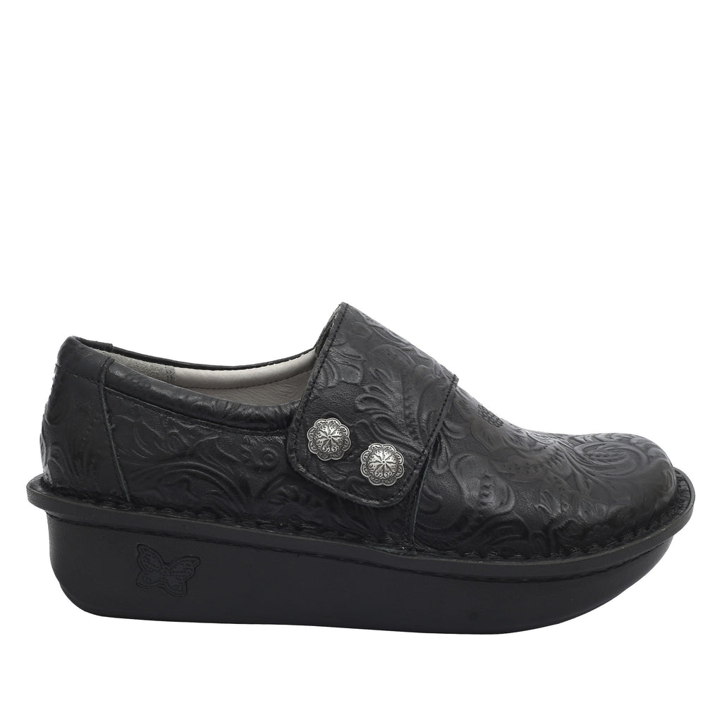 Deliah Embossible Ink shoe with adjustable hook and loop strap on Classic Rocker outsole- DEL-7609_S3