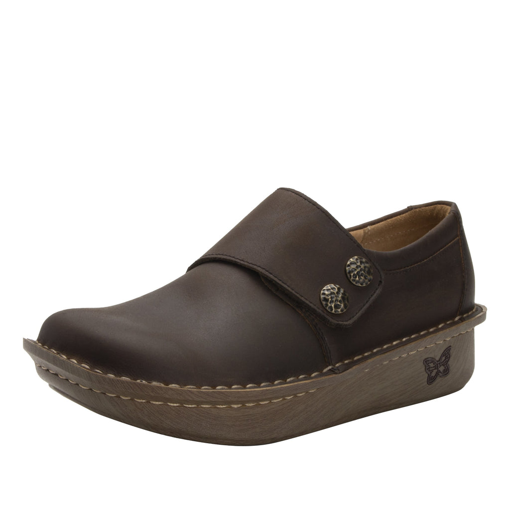 Deliah Oiled Brown shoe with adjustable hook and loop strap on Classic Rocker outsole- DEL-7714_S1
