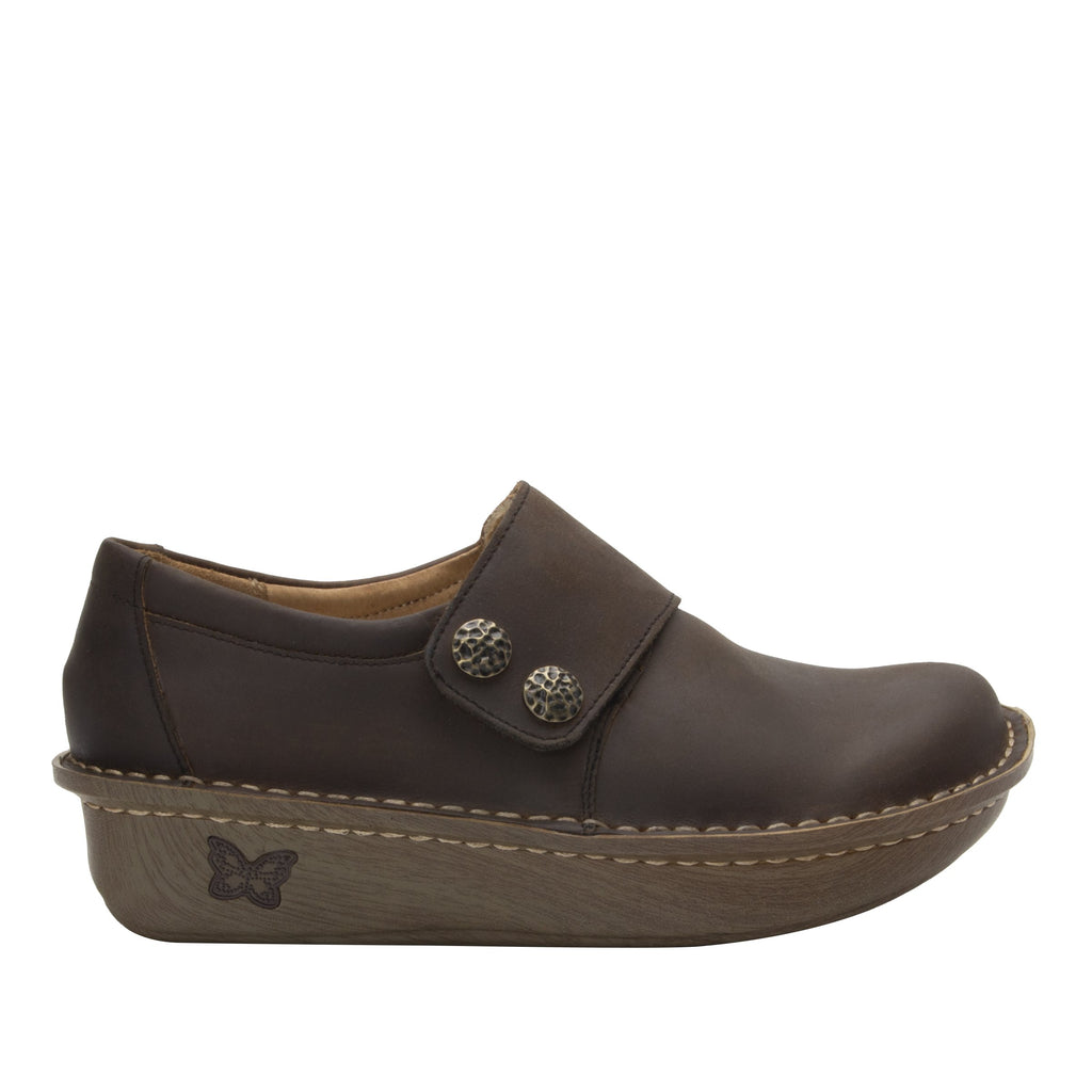 Deliah Oiled Brown shoe with adjustable hook and loop strap on Classic Rocker outsole- DEL-7714_S2