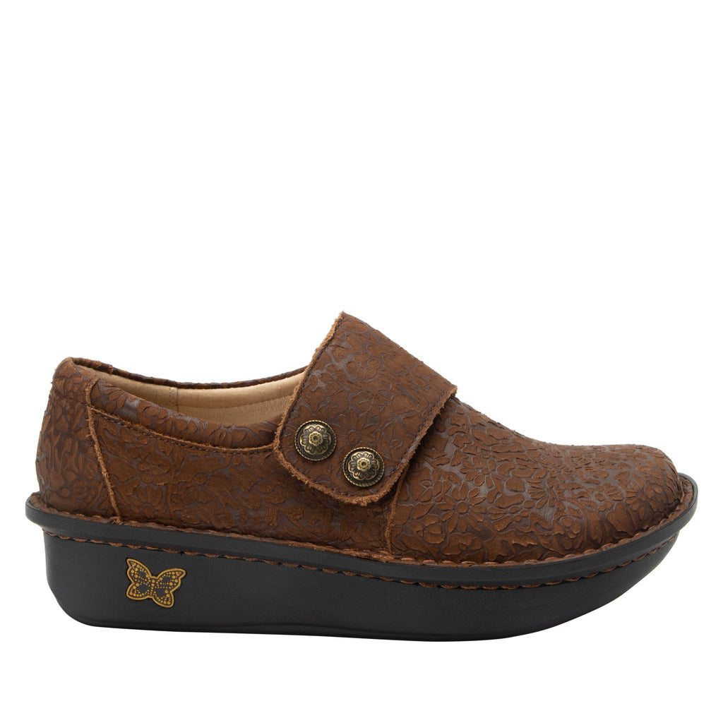 Deliah Delicut Tawny shoe with an adjustable closure strap on a classic rocker outsole  - ALG-DEL-7608_S2