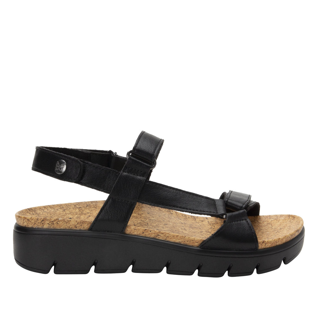 Henna Black strappy sandal on heritage outsole with cork printed footbed- HEN-601_S3