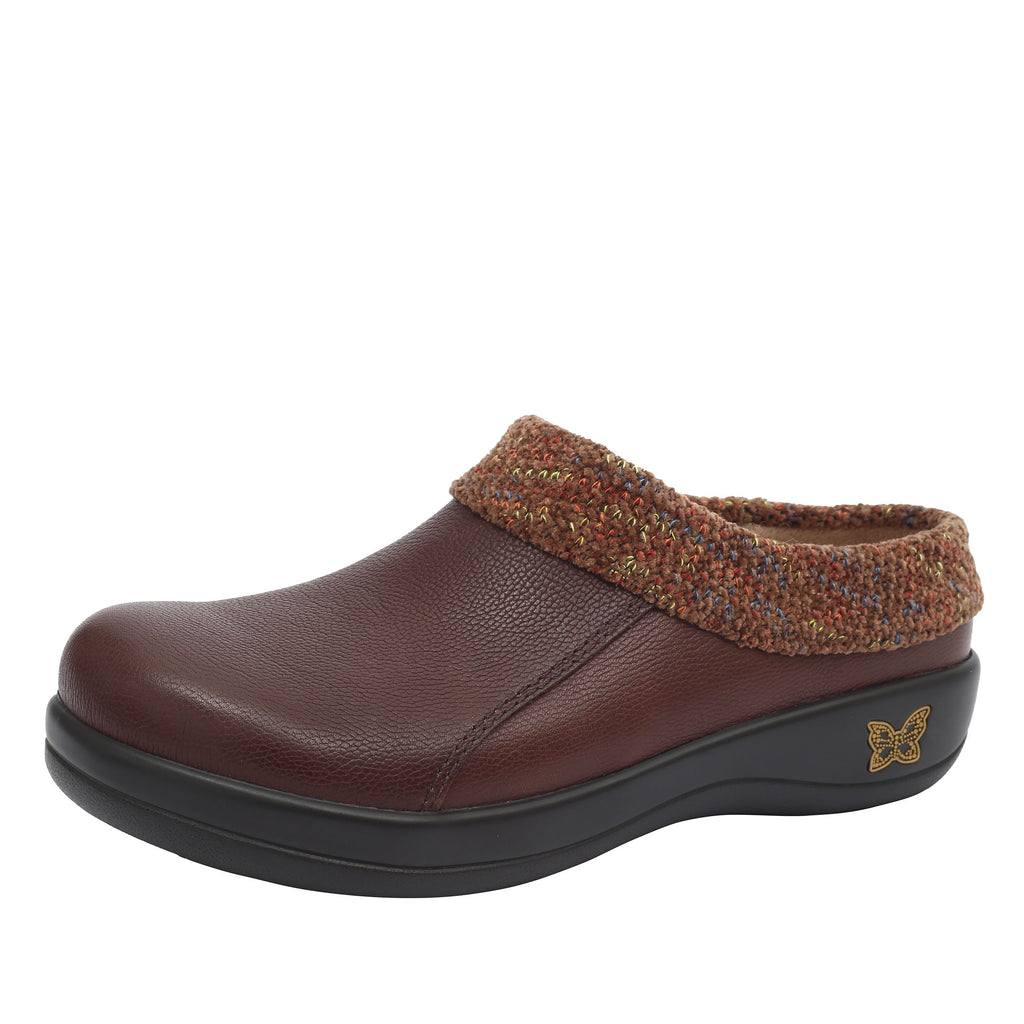 Kyah Brown clog on career casual outsole, warm linings and knitted contrast collar for additional warmth - KYA-7631-S1