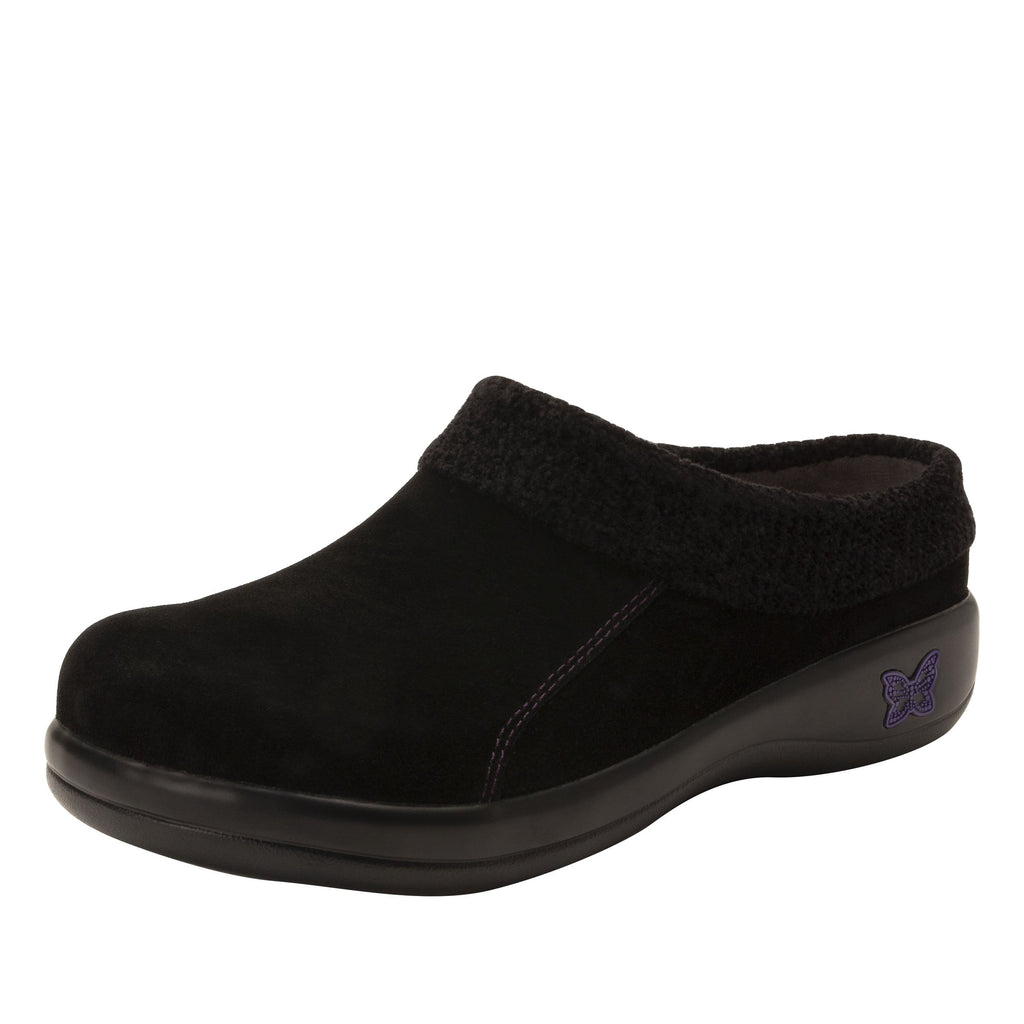 Kyah Black Suede clog on career casual outsole, warm linings and knitted contrast collar for additional warmth - KYA-7632-S1