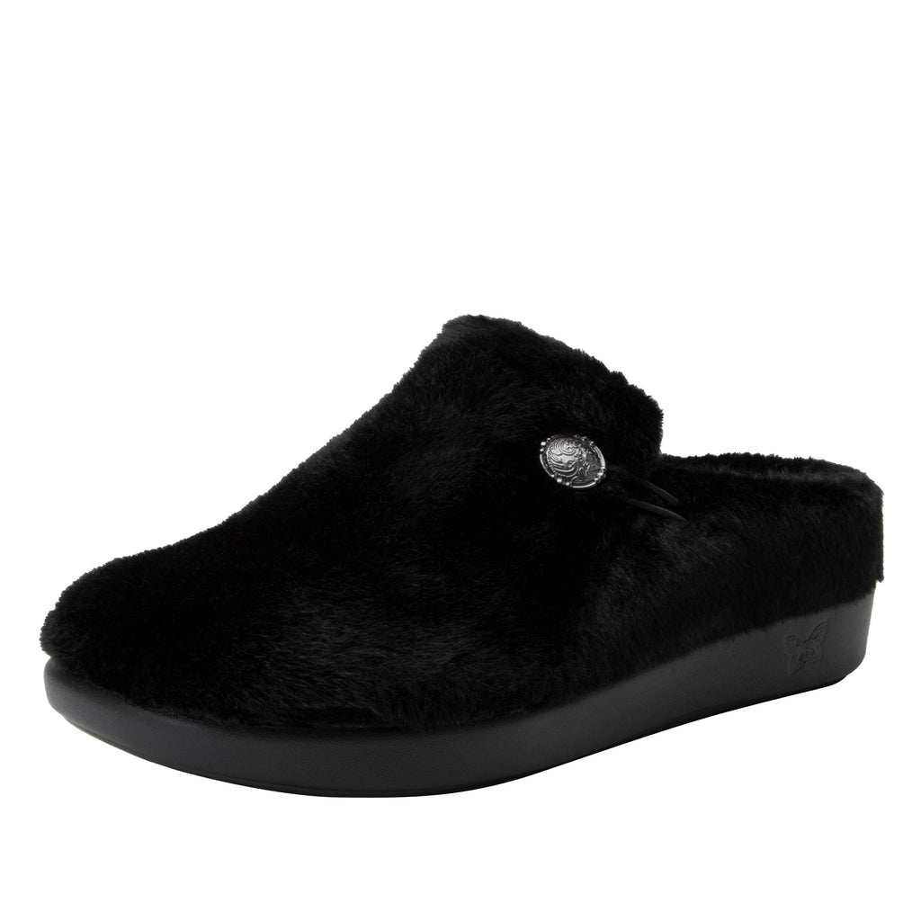 Loungeree Black slipper with button detail and elastic loop on a  cozy comfort outsole  - LOU-7635_S1