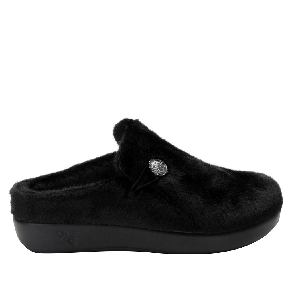 Loungeree Black slipper with button detail and elastic loop on a  cozy comfort outsole  - LOU-7635_S3
