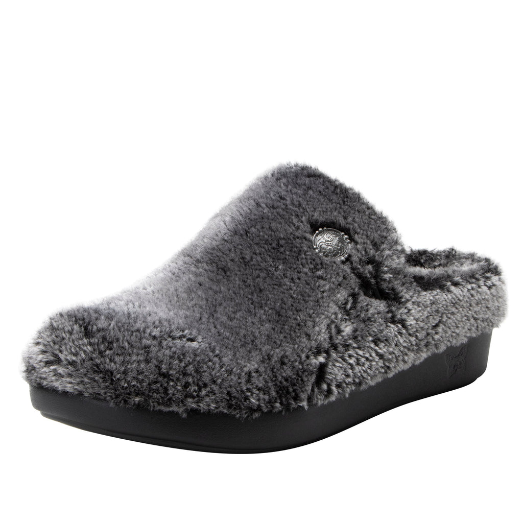 Loungeree Frosty Black slipper with button detail and elastic loop on a  cozy comfort outsole  - LOU-7637_S1