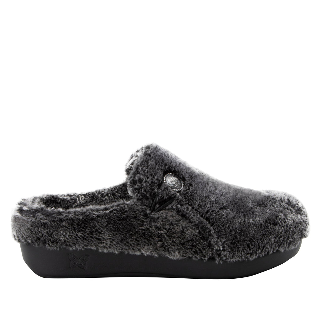 Loungeree Frosty Black slipper with button detail and elastic loop on a  cozy comfort outsole  - LOU-7637_S3