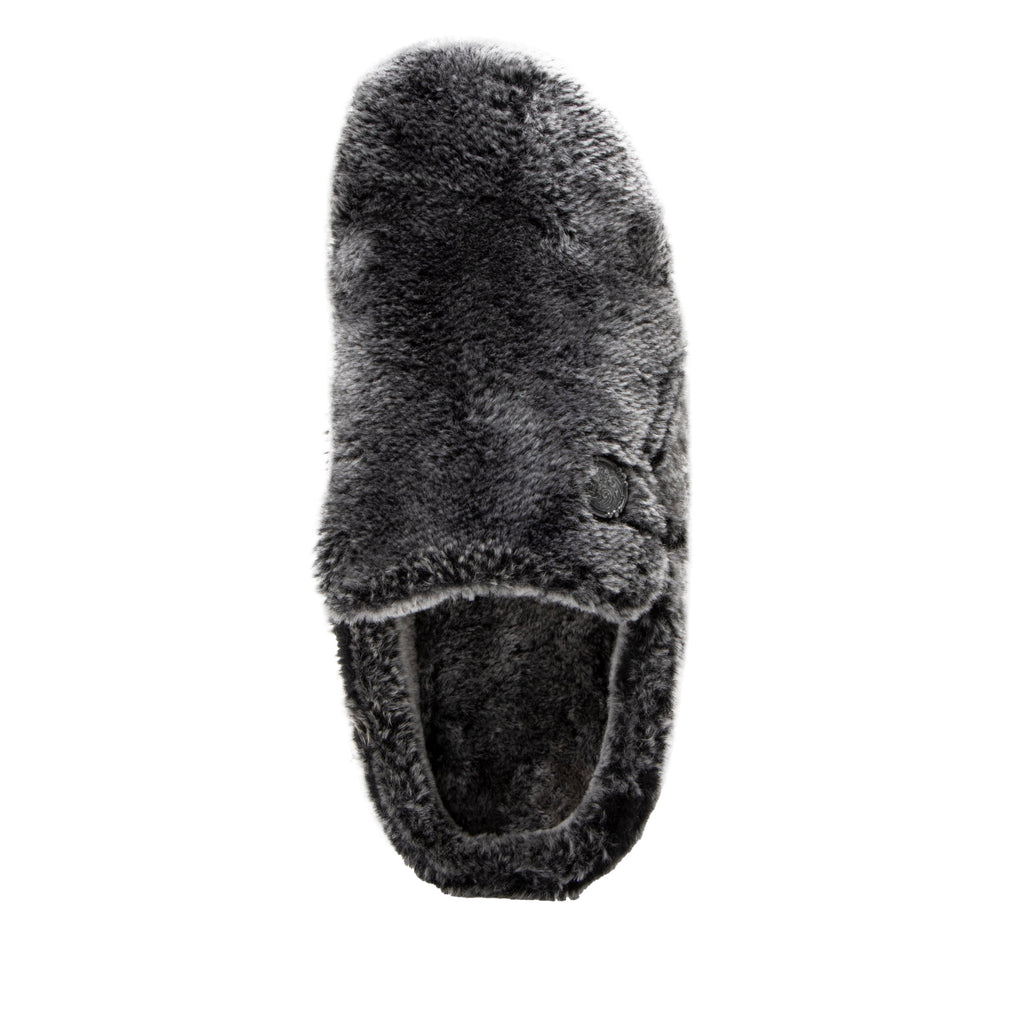 Loungeree Frosty Black slipper with button detail and elastic loop on a  cozy comfort outsole  - LOU-7637_S5