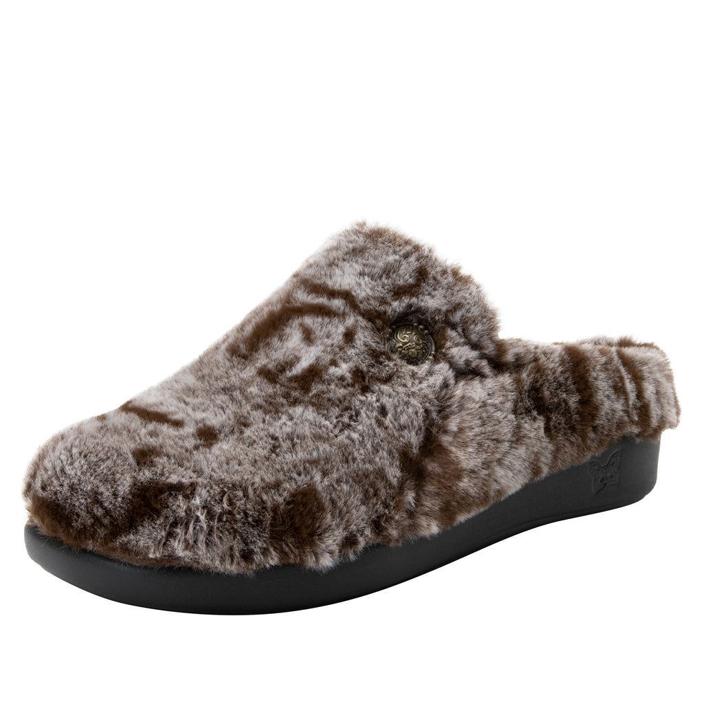 Loungeree Frosty Brown slipper with button detail and elastic loop on a  cozy comfort outsole  - LOU-7638_S1
