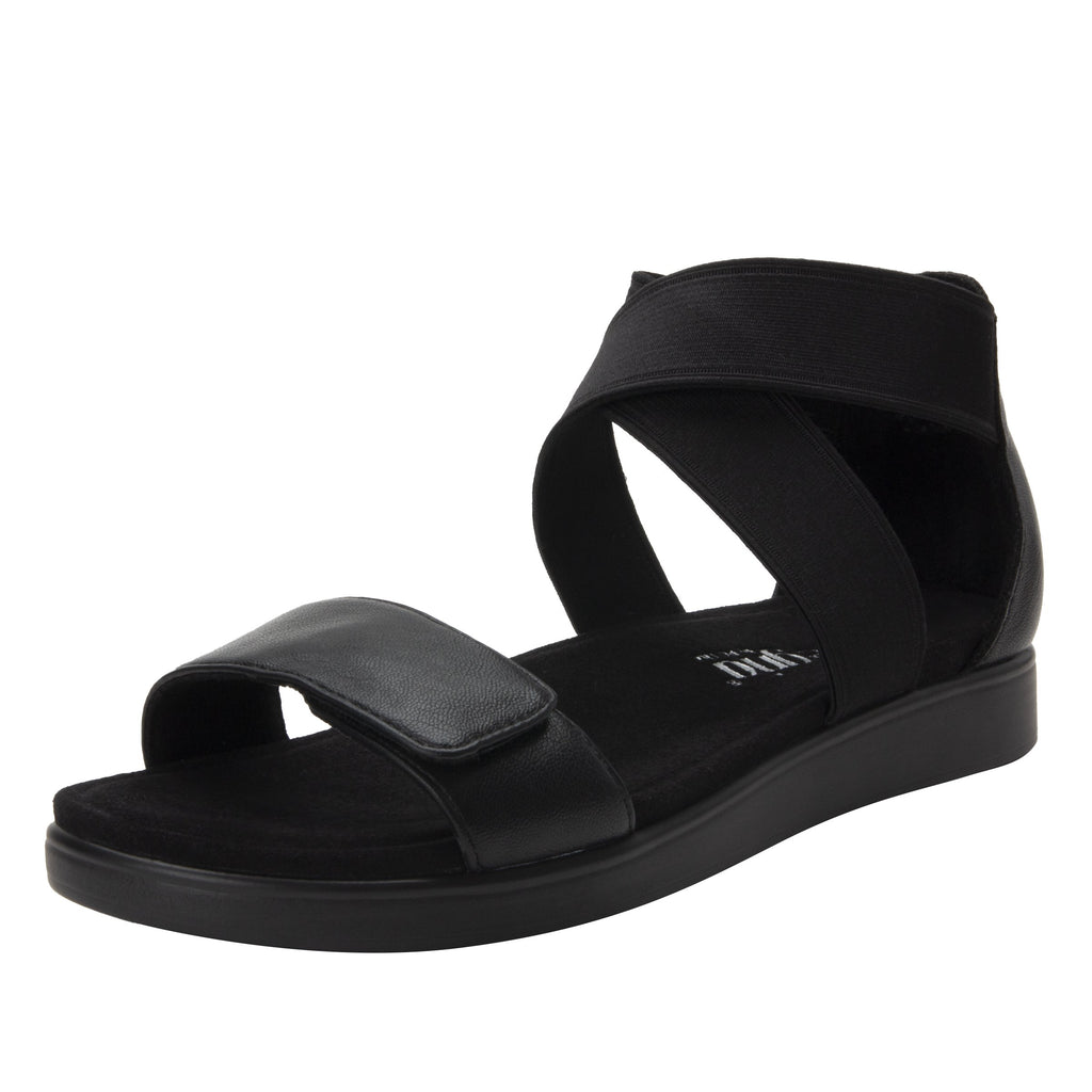 Lucia Black Comfort Flat sandal with criss cross elastic ankle strap and featherweight slip-resistance - LUC-601_S1
