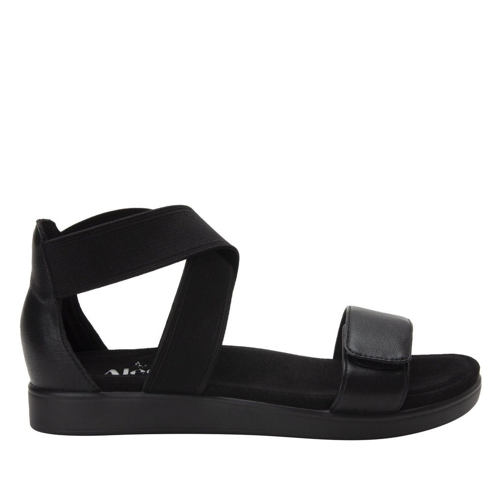 Lucia Black Comfort Flat sandal with criss cross elastic ankle strap and featherweight slip-resistance - LUC-601_S2