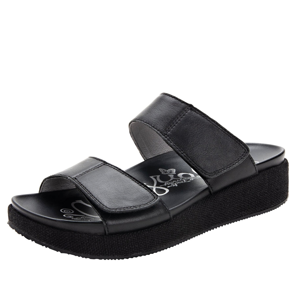 Maisie Tahiti Black Slide sandal with fabric wrapped Heritage Platform outsole and leather wrapped footbed - MAI-121_S1