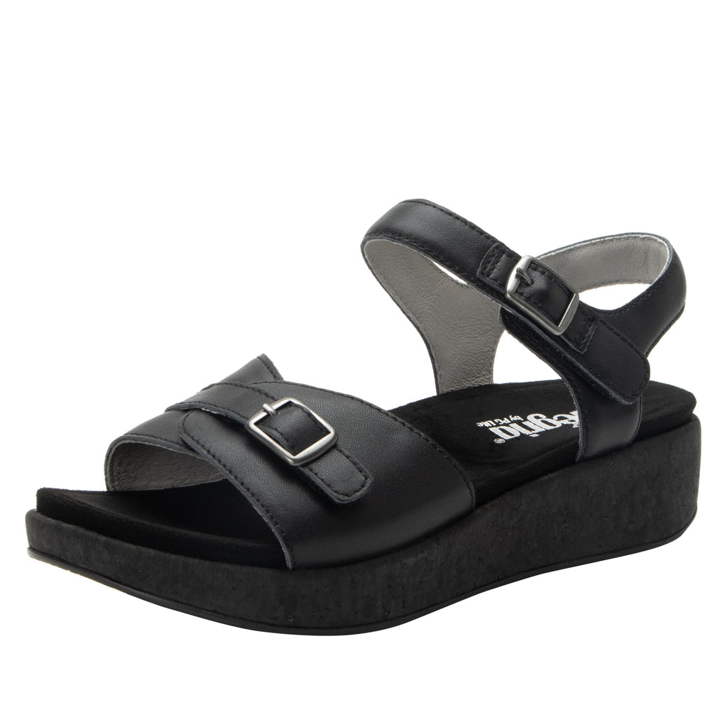 Maryn Coal sandal with adjustable straps on a mini cork wedge rocker outsole- MAR-7406_S1