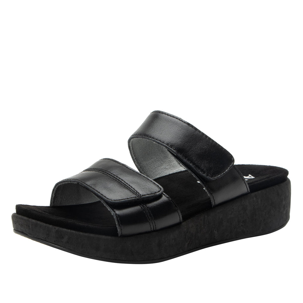 Mena Black sandal with adjustable closures on a mini cork wedge rocker outsole- MEN-7441_S1
