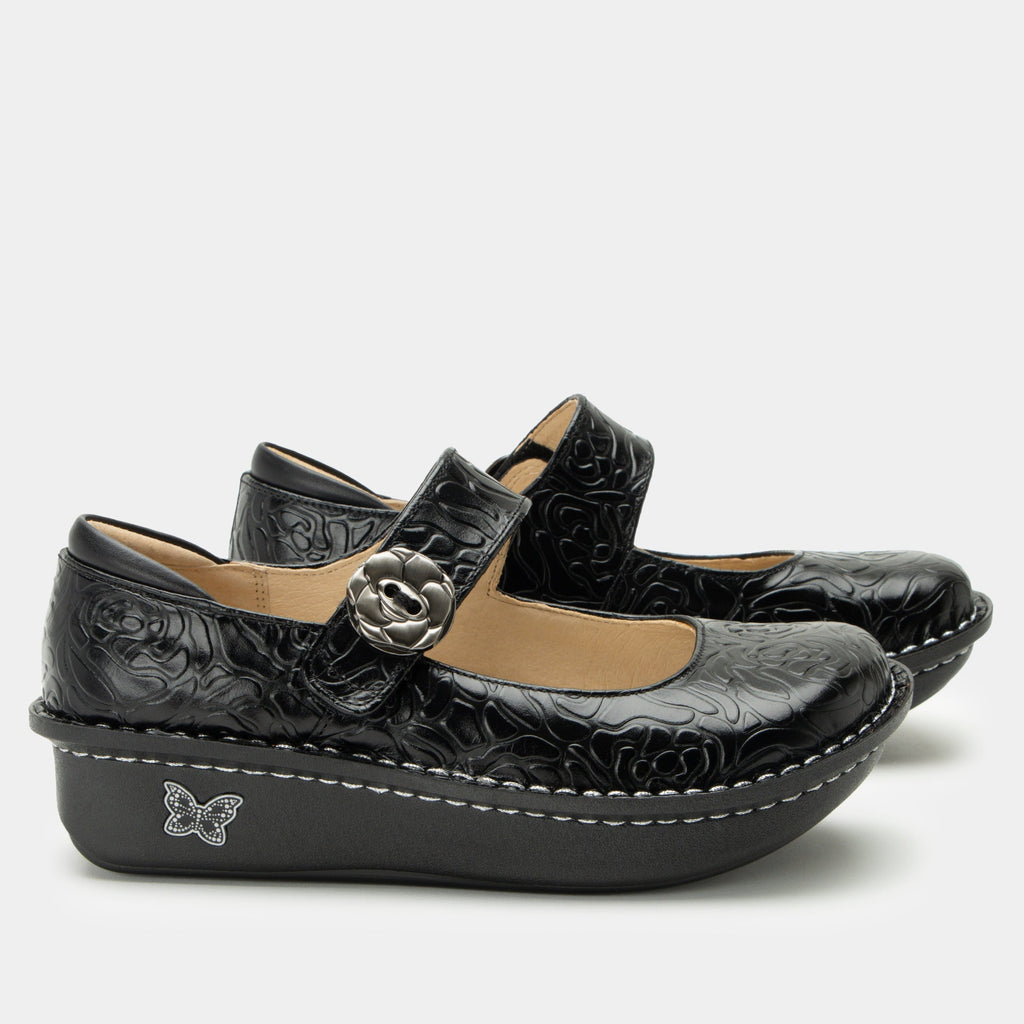 Paloma Black Embossed Rose Mary Jane | Alegria Shoes