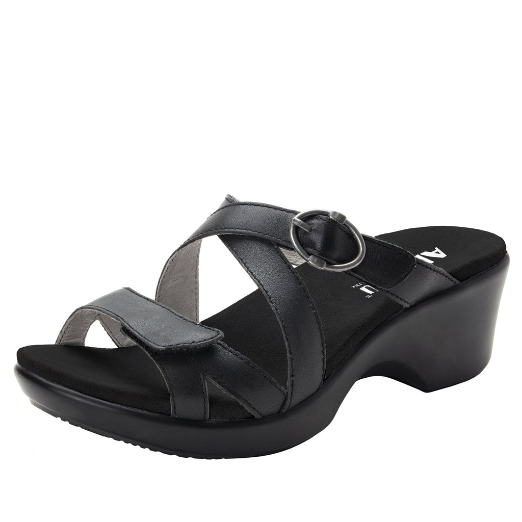 Roux Black strappy slip on sandal on comfort wedge outsole - ALG-ROU-601_S1