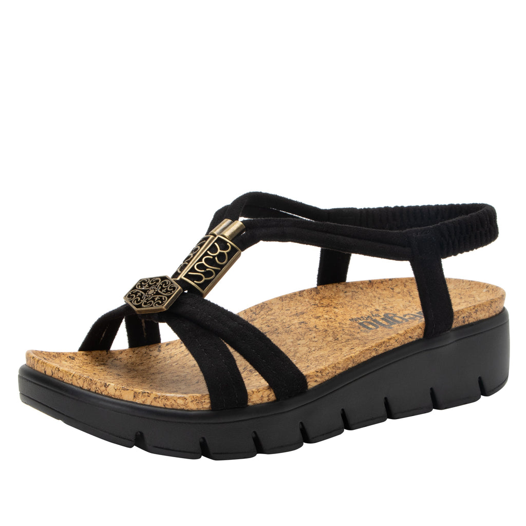 Roz Casual Black t-strap sandal with vegan uppers and decorative hardware - ROZ-7431_S1