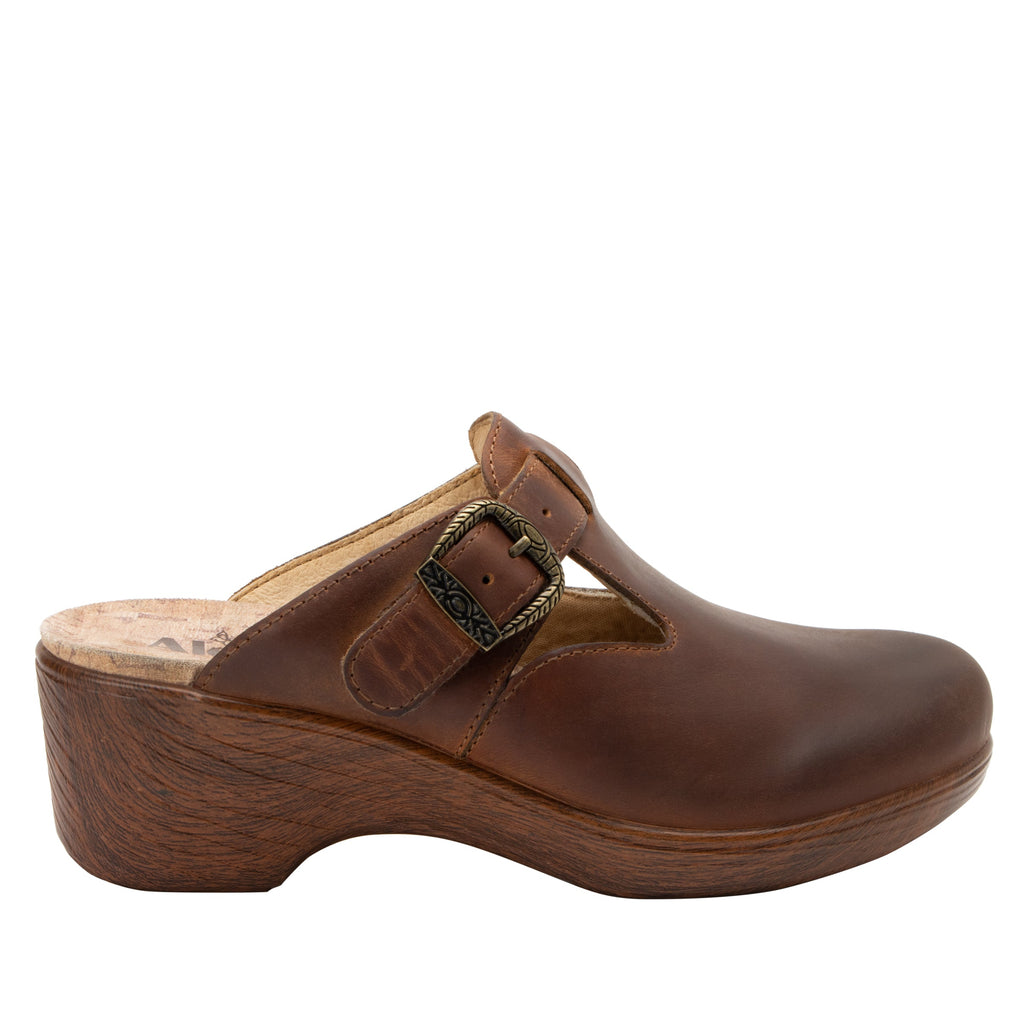 Selina Burnish Tawny buckle clog on a wood look wedge outsole - SEL-7403_S2