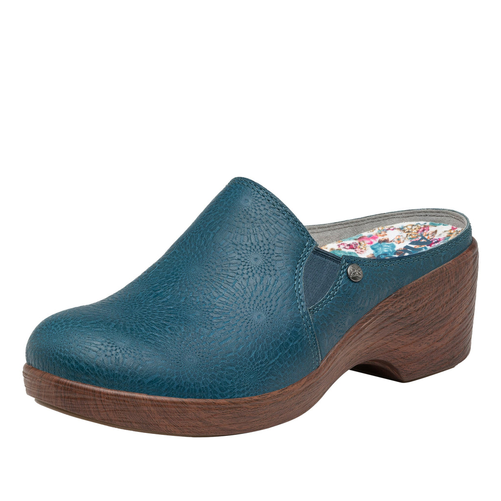 Serenity Roman Candle Teal clog on a wood look wedge outsole - SER-7529_S1